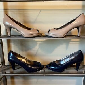 Bandolino peep toe pumps 2 pair, 1 navy, 1 tan, slight wear but good condition